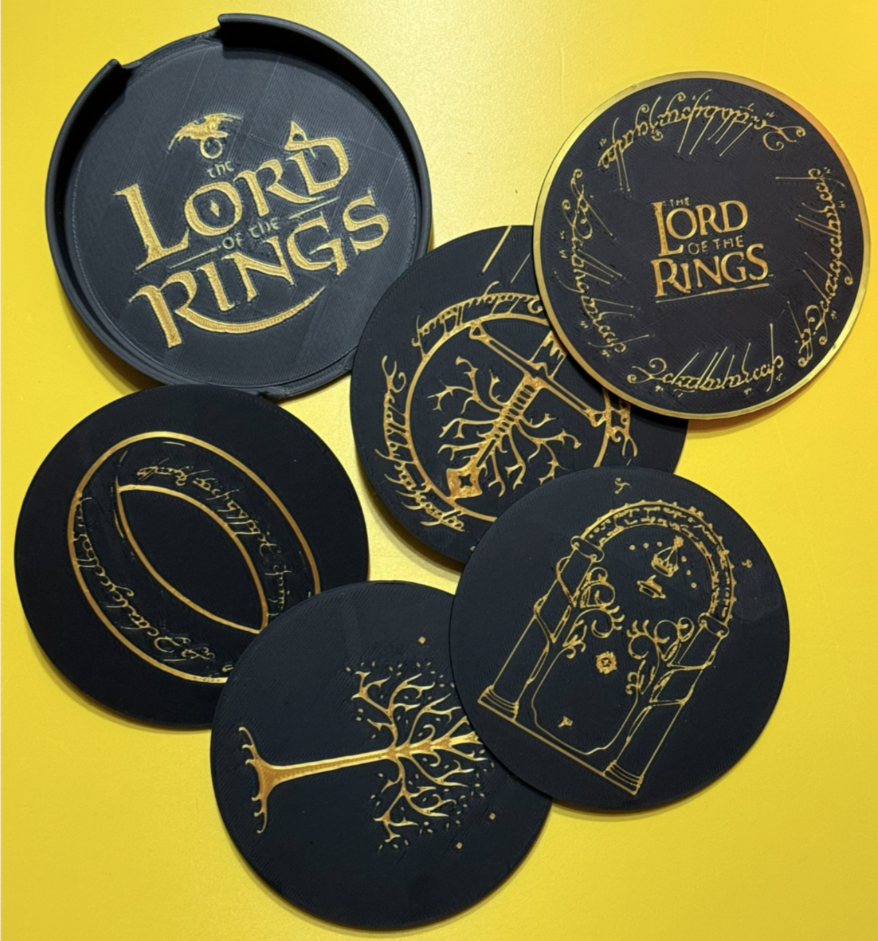Lord of the Rings Coaster Set (Set of 6) with Storage Holder – 3D Printed Fantasy Table Decor